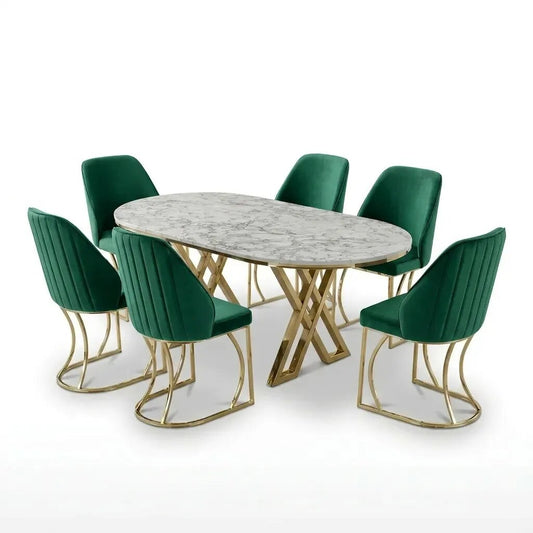 Set Masă și 6 Scaune Milano, Stil Elegant, Detalii Aurii, 90x180 cm, Blat Marmorat Alb, Verde