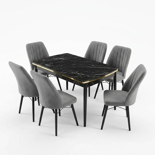 Verona Set Masa Extensibila (Negru Marmura) 80x 135 (80 x 178) Si Scaun 6 Buc, Aur Detalii, Horeca, Bucatarie, Living