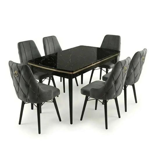 Leo Set Masa Extensibila (Negru Marmura) 80x 135 (80 x 178) Si Scaun 6 Buc