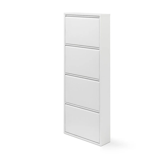 Pantofar metalic alb cu 4 uși, organizator încălțăminte slim, dulap pantofi modern pentru hol