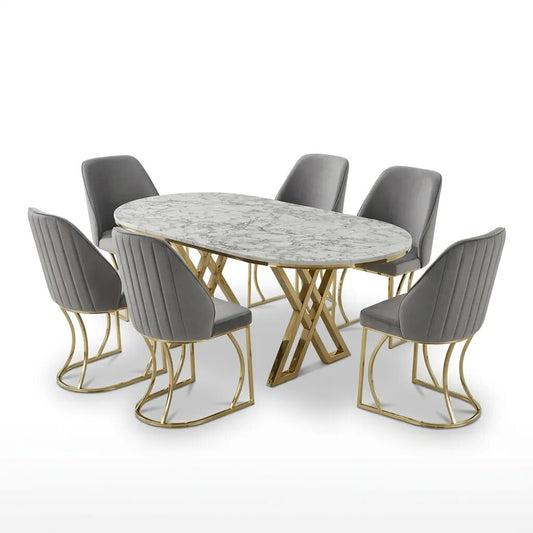 Set Masă și 6 Scaune Milano, Stil Elegant, Detalii Aurii, 90x180 cm, Blat Marmorat Alb,Gray