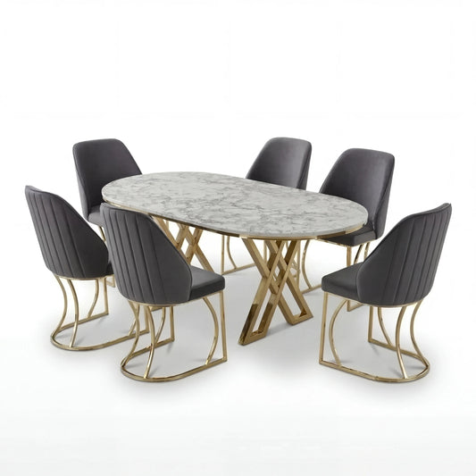 Set Masă și 6 Scaune Milano, Stil Elegant, Detalii Aurii, 90x180 cm, Blat Marmorat Alb, Antracit Gray