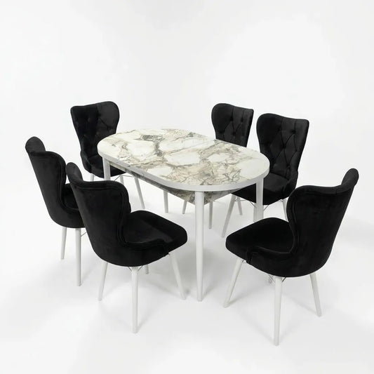 Set Masa si Scaun Oval, Elegant, Bucatarie, Living, Cafenea, Masa Extensibila si Recipient de Depozitare Alb Marmura 80 x 130-170 cm, Textile -Desire Furniture