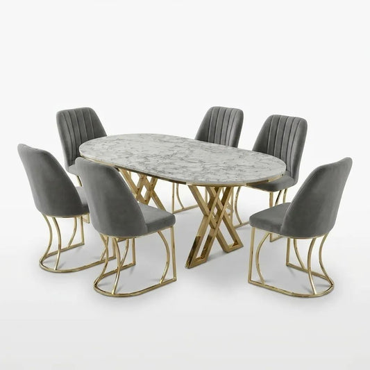 Set Masa şi 6 Scaune Monza, Stil Elegant, Detalii Aurii, 90x180 cm, Blat Marmorat Alba