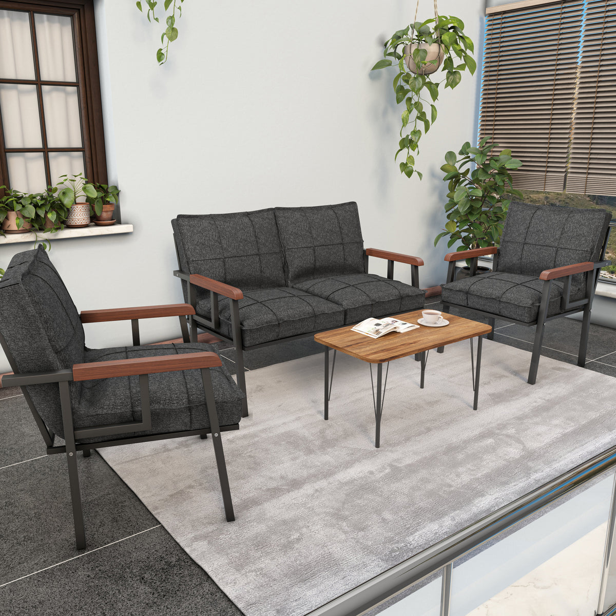 Set Mobilier de Grădină Modern cu Măsuță de Cafea – Canapea 2 Locuri + 2 Fotolii