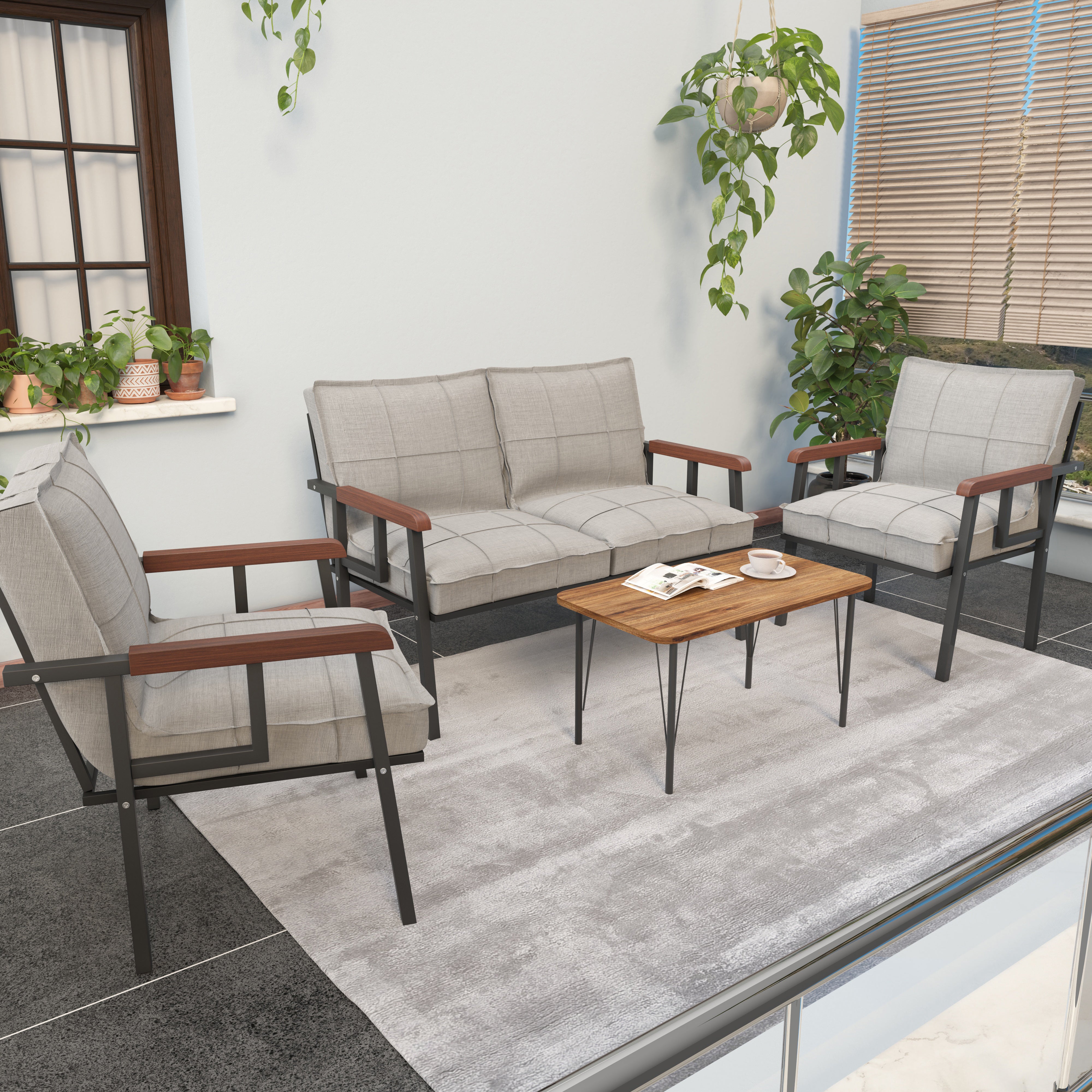 Set Mobilier de Grădină Modern cu Măsuță de Cafea – Canapea 2 Locuri + 2 Fotolii + Masă