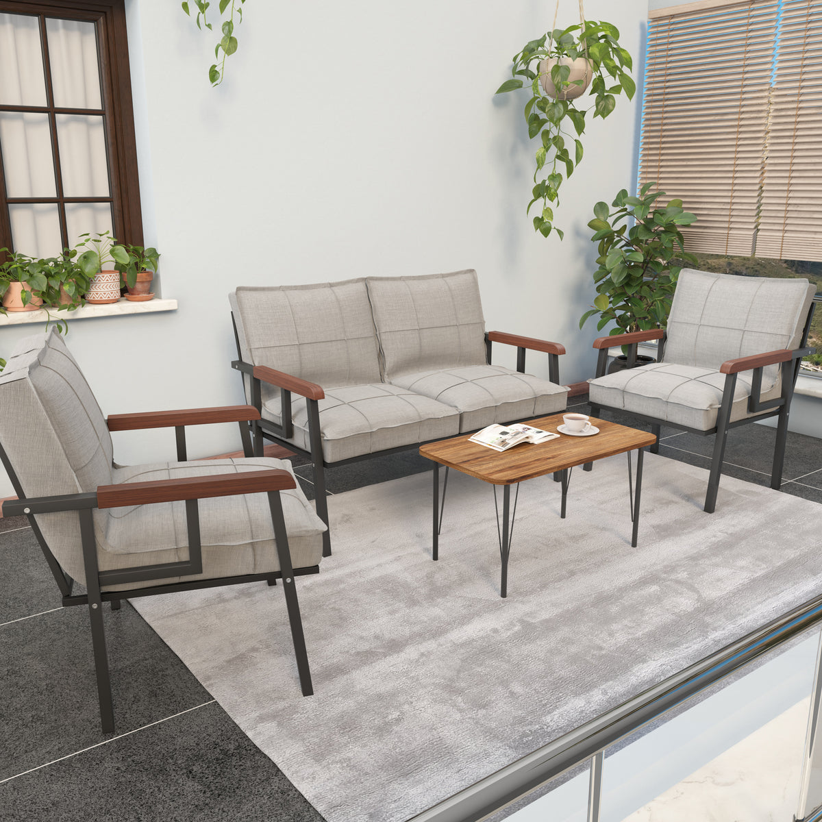 Set Mobilier de Grădină Modern cu Măsuță de Cafea – Canapea 2 Locuri + 2 Fotolii + Masă