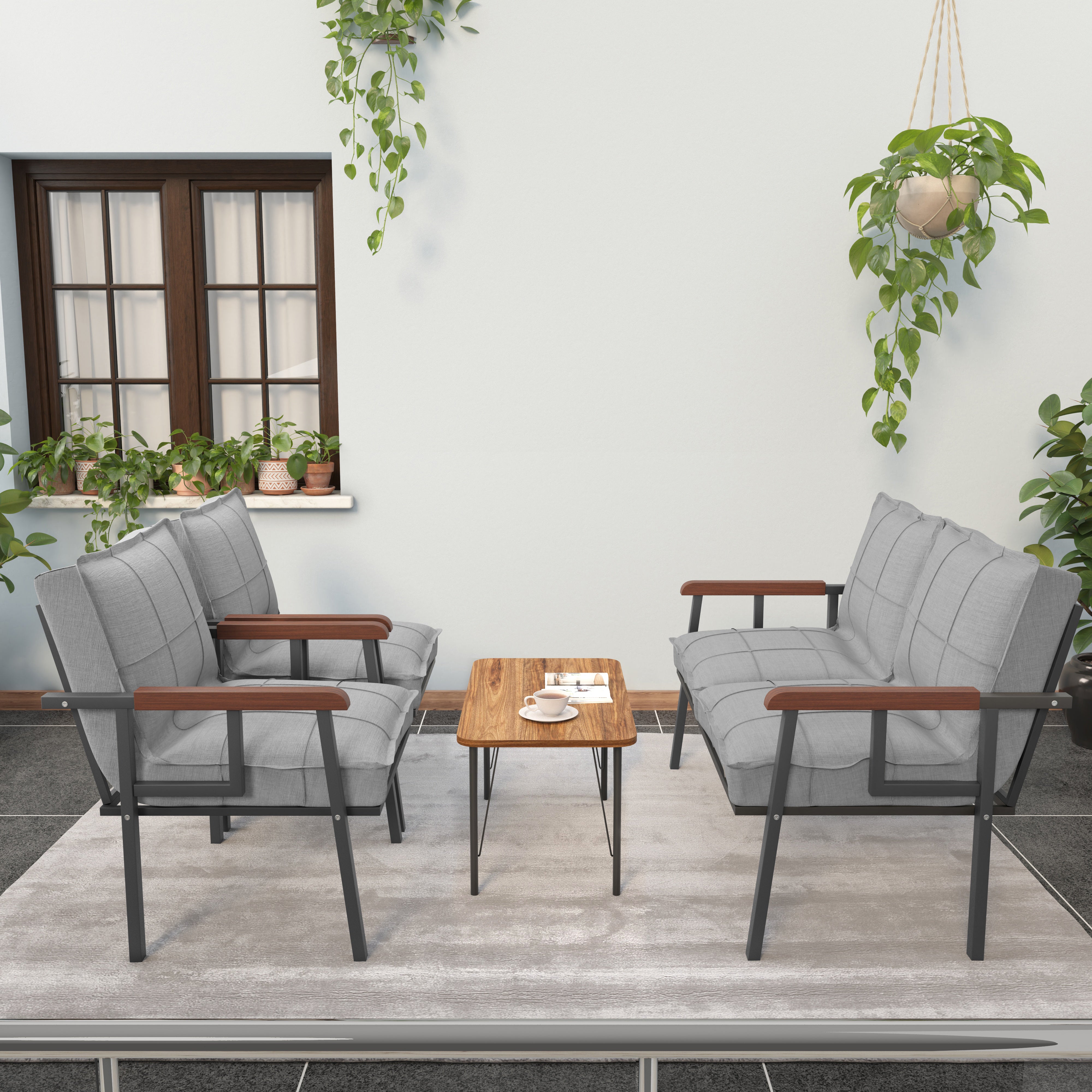 Set Mobilier de Grădină Modern cu Măsuță de Cafea – Canapea 2 Locuri + 2 Fotolii