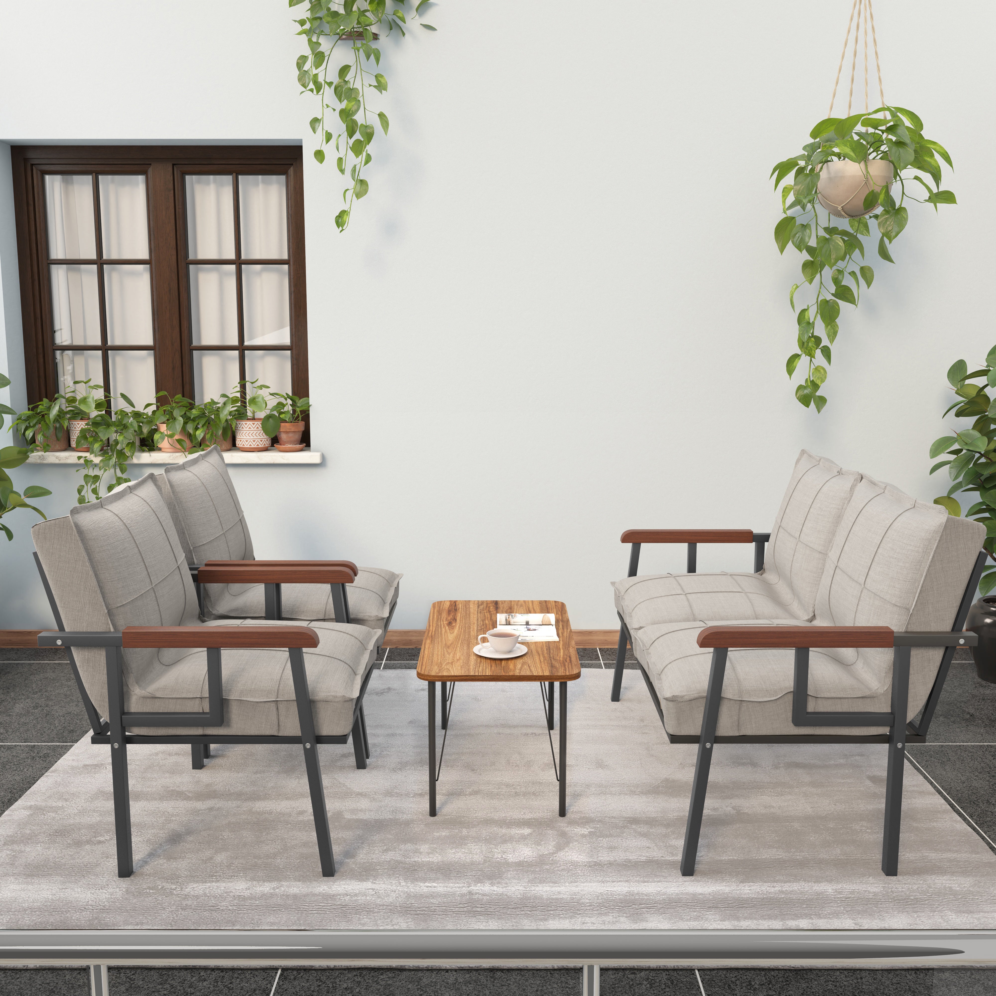 Set Mobilier de Grădină Modern cu Măsuță de Cafea – Canapea 2 Locuri + 2 Fotolii + Masă
