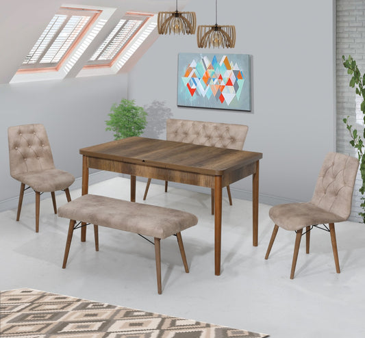 Set de Banca Cremă / Desire Furniture Masa (Extendible) 80*170 2 buc Banchete 2 Scaune - Desire Furniture