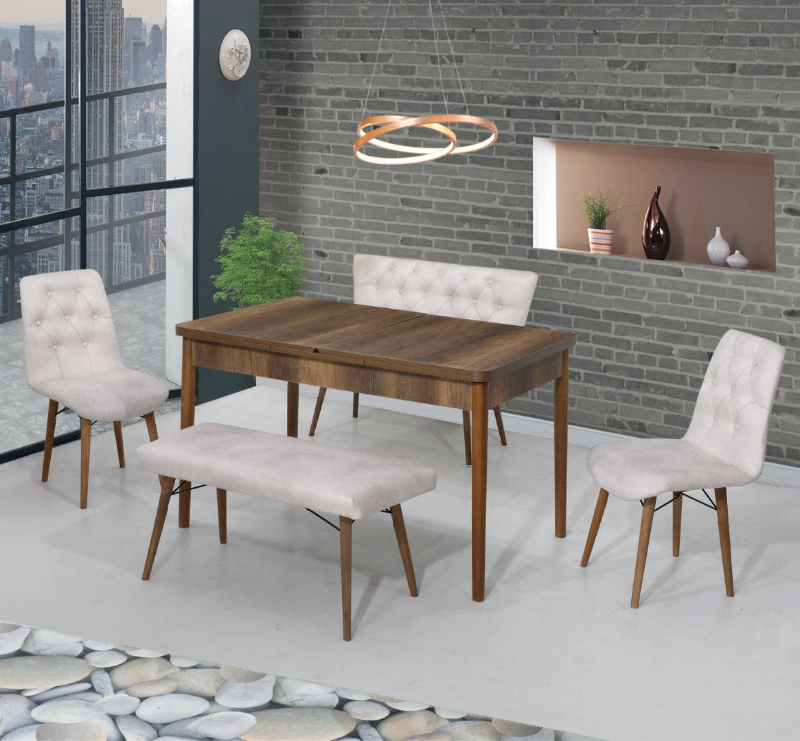 Set de Banca Bej / Desire Furniture Masa (Extensibila) 80*170 2 buc Banchete 2 Scaune - Desire Furniture