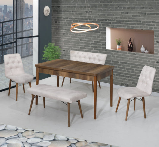 Set de Banca Bej / Desire Furniture Masa (Extensibila) 80*170 2 buc Banchete 2 Scaune - Desire Furniture