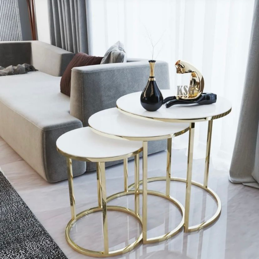 Set Mese de Cafea Rotunde – Design Elegant cu Blat din Sticlă și Structură Metalică Alb- Aur