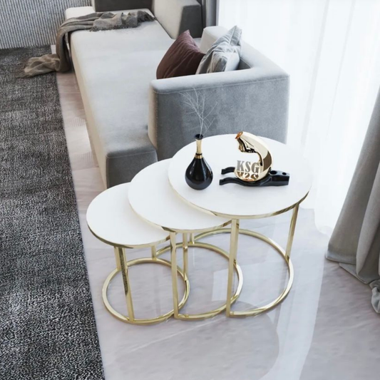 Set Mese de Cafea Rotunde – Design Elegant cu Blat din Sticlă și Structură Metalică Alb- Aur