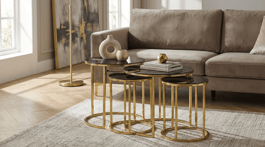 Set Mese de Cafea Rotunde – Design Elegant cu Blat din Sticlă și Structură Metalică