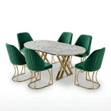 Set Masă și 6 Scaune Milano, Stil Elegant, Detalii Aurii, 90x180 cm, Blat Marmorat Alb,Gray