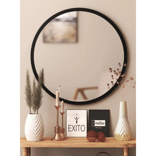 Oglindă rotundă neagră pentru perete, living și birou, 60 cm 58X58