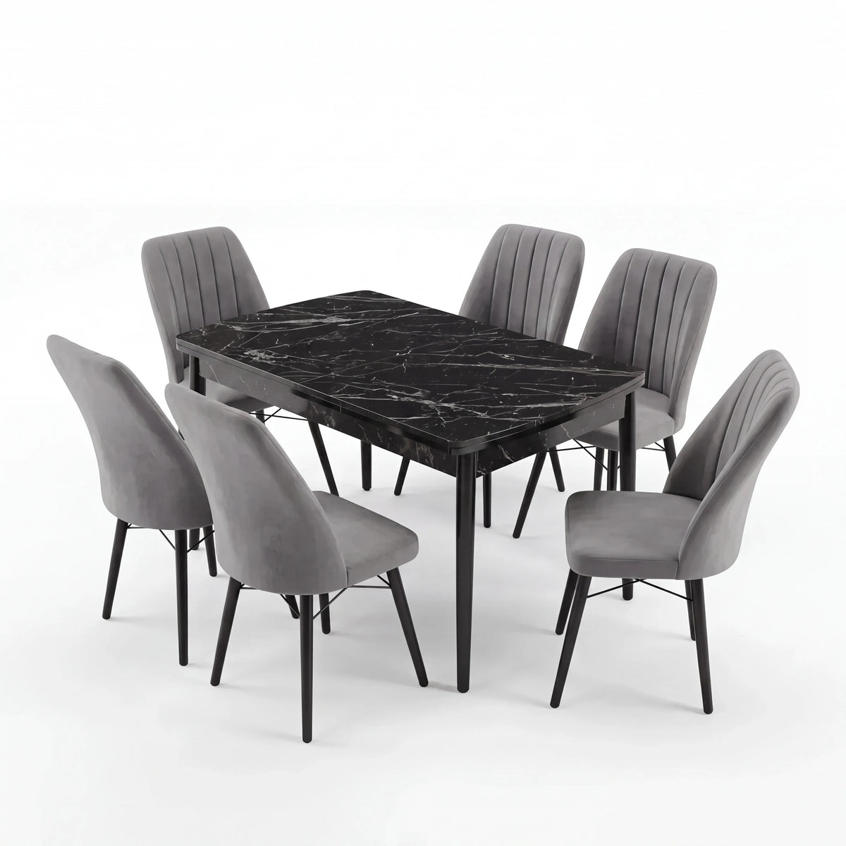 Verona Set Masa Extensibila (Negru Marmura)  80x 135 (80 x 178) Si Scaun 6 Buc, Aur Detalii, Horeca, Bucatarie, Living