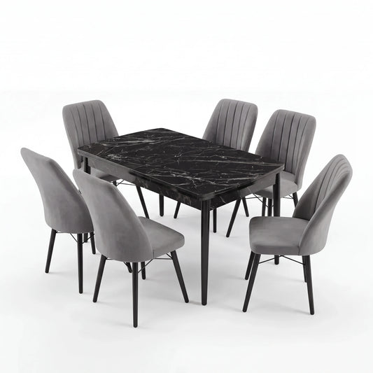 Verona Set Masa Extensibila (Negru Marmura)  80x 135 (80 x 178) Si Scaun 6 Buc, Aur Detalii, Horeca, Bucatarie, Living