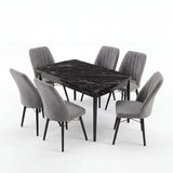 Verona Set Masa Extensibila (Negru Marmura)  80x 135 (80 x 178) Si Scaun 6 Buc, Aur Detalii, Horeca, Bucatarie, Living