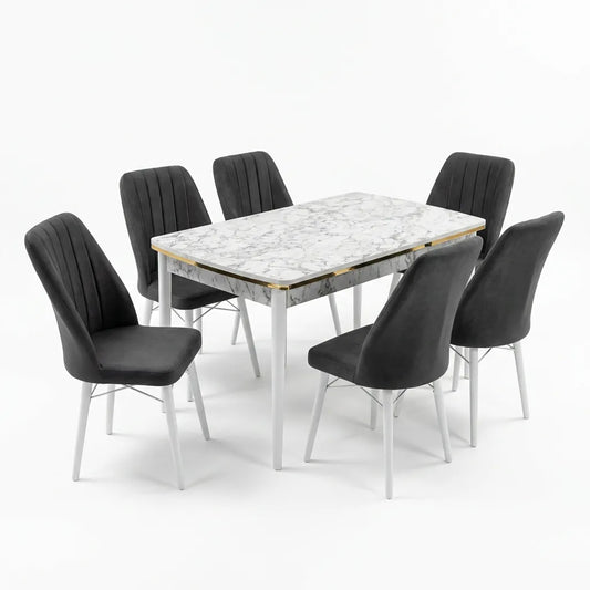 Verona Set Masa Extensibila (Marmura Alba)  80x 135 (80 x 178) Si Scaun 6 Buc, Aur Detalii, Horeca, Bucatarie, Living