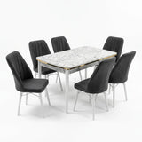 Verona Set Masa Extensibila (Marmura Alba)  80x 135 (80 x 178) Si Scaun 6 Buc, Aur Detalii, Horeca, Bucatarie, Living