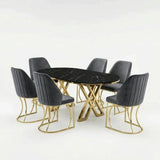 Set Masă și 6 Scaune Milano, Stil Elegant, Detalii Aurii, 90x180 cm, Blat Marmorat Negru,Gray