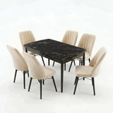Verona Set Masa Extensibila (Negru Marmura)  80x 135 (80 x 178) Si Scaun 6 Buc, Aur Detalii, Horeca, Bucatarie, Living
