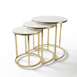 Set Mese de Cafea Rotunde – Design Elegant cu Blat din Sticlă și Structură Metalică Alb- Aur