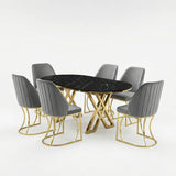Set Masă și 6 Scaune Milano, Stil Elegant, Detalii Aurii, 90x180 cm, Blat Marmorat Negru,Gray