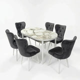 Set Masa si Scaun Oval, Elegant, Bucatarie, Living, Cafenea, Masa Extensibila si Recipient de Depozitare Alb Marmura 80 x 130-170 cm, Textile -Desire Furniture