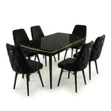 Leo Set Masa Extensibila (Negru Marmura)  80x 135 (80 x 178) Si Scaun 6 Buc