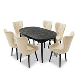 Set Masa si Scaun Oval, Elegant, Bucatarie, Living, Cafenea, Masa Extensibila si Recipient de Depozitare Negru Marmura 80 x 130-170 cm, Textile -Desire Furniture