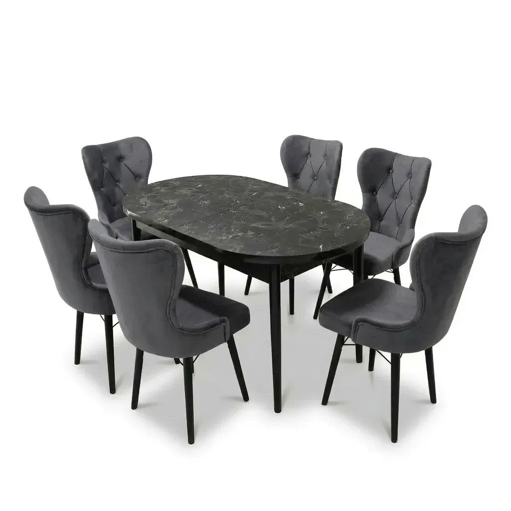 Set Masa si Scaun Oval, Elegant, Bucatarie, Living, Cafenea, Masa Extensibila si Recipient de Depozitare Negru Marmura 80 x 130-170 cm, Textile -Desire Furniture