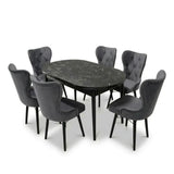 Set Masa si Scaun Oval, Elegant, Bucatarie, Living, Cafenea, Masa Extensibila si Recipient de Depozitare Negru Marmura 80 x 130-170 cm, Textile -Desire Furniture