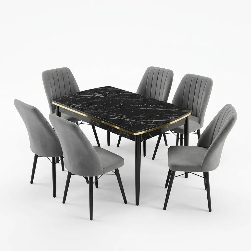 Verona Set Masa Extensibila (Negru Marmura)  80x 135 (80 x 178) Si Scaun 6 Buc, Aur Detalii, Horeca, Bucatarie, Living