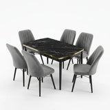 Verona Set Masa Extensibila (Negru Marmura)  80x 135 (80 x 178) Si Scaun 6 Buc, Aur Detalii, Horeca, Bucatarie, Living