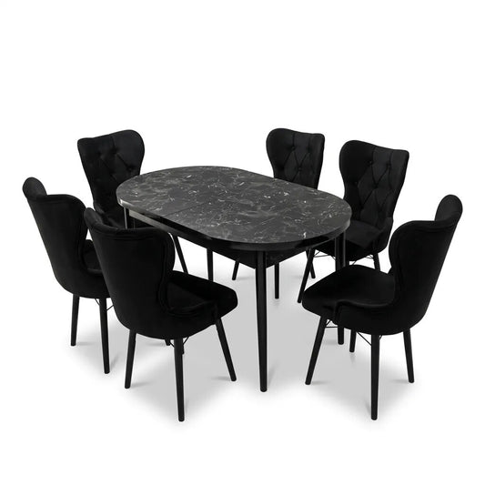 Set Masa si Scaun Oval, Elegant, Bucatarie, Living, Cafenea, Masa Extensibila si Recipient de Depozitare Negru Marmura 80 x 130-170 cm, Textile -Desire Furniture