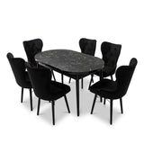 Set Masa si Scaun Oval, Elegant, Bucatarie, Living, Cafenea, Masa Extensibila si Recipient de Depozitare Negru Marmura 80 x 130-170 cm, Textile -Desire Furniture