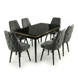 Leo Set Masa Extensibila (Negru Marmura)  80x 135 (80 x 178) Si Scaun 6 Buc