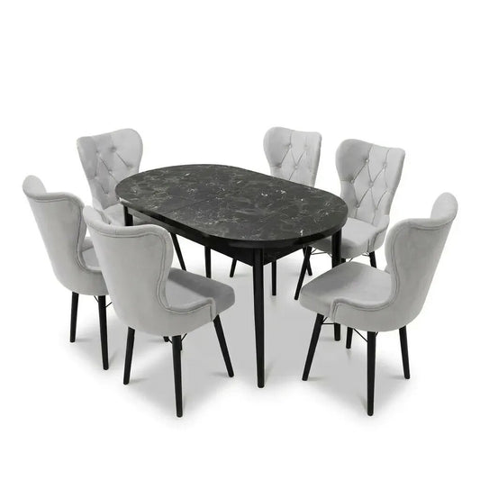 Set Masa si Scaun Oval, Elegant, Bucatarie, Living, Cafenea, Masa Extensibila si Recipient de Depozitare Negru Marmura 80 x 130-170 cm, Textile -Desire Furniture