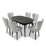 Set Masa si Scaun Oval, Elegant, Bucatarie, Living, Cafenea, Masa Extensibila si Recipient de Depozitare Negru Marmura 80 x 130-170 cm, Textile -Desire Furniture