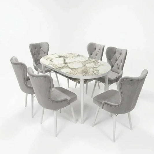 Set Masa si Scaun Oval, Elegant, Bucatarie, Living, Cafenea, Masa Extensibila si Recipient de Depozitare Alb Marmura 80 x 130-170 cm, Textile -Desire Furniture
