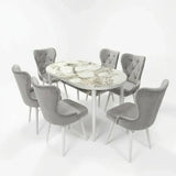 Set Masa si Scaun Oval, Elegant, Bucatarie, Living, Cafenea, Masa Extensibila si Recipient de Depozitare Alb Marmura 80 x 130-170 cm, Textile -Desire Furniture