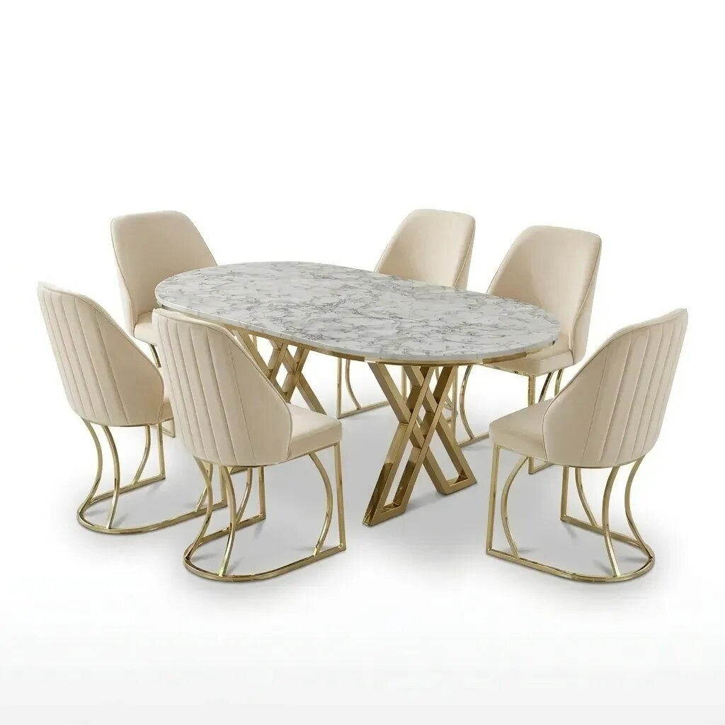 Set Masă și 6 Scaune Milano, Stil Elegant, Detalii Aurii, 90x180 cm, Blat Marmorat Alb, Crem