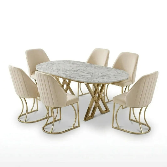 Set Masă și 6 Scaune Milano, Stil Elegant, Detalii Aurii, 90x180 cm, Blat Marmorat Alb, Crem