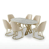 Set Masă și 6 Scaune Milano, Stil Elegant, Detalii Aurii, 90x180 cm, Blat Marmorat Alb, Crem