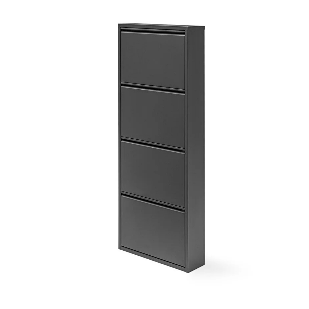 Pantofar metalic antracit cu 4 uși, organizator încălțăminte slim, dulap pantofi modern pentru hol
