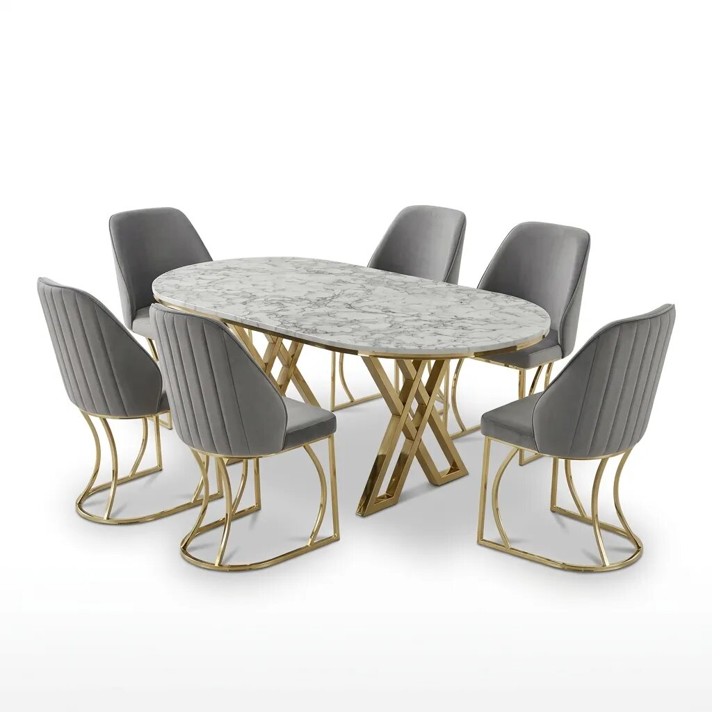 Set Masă și 6 Scaune Milano, Stil Elegant, Detalii Aurii, 90x180 cm, Blat Marmorat Alb,Gray