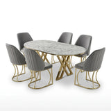 Set Masă și 6 Scaune Milano, Stil Elegant, Detalii Aurii, 90x180 cm, Blat Marmorat Alb,Gray